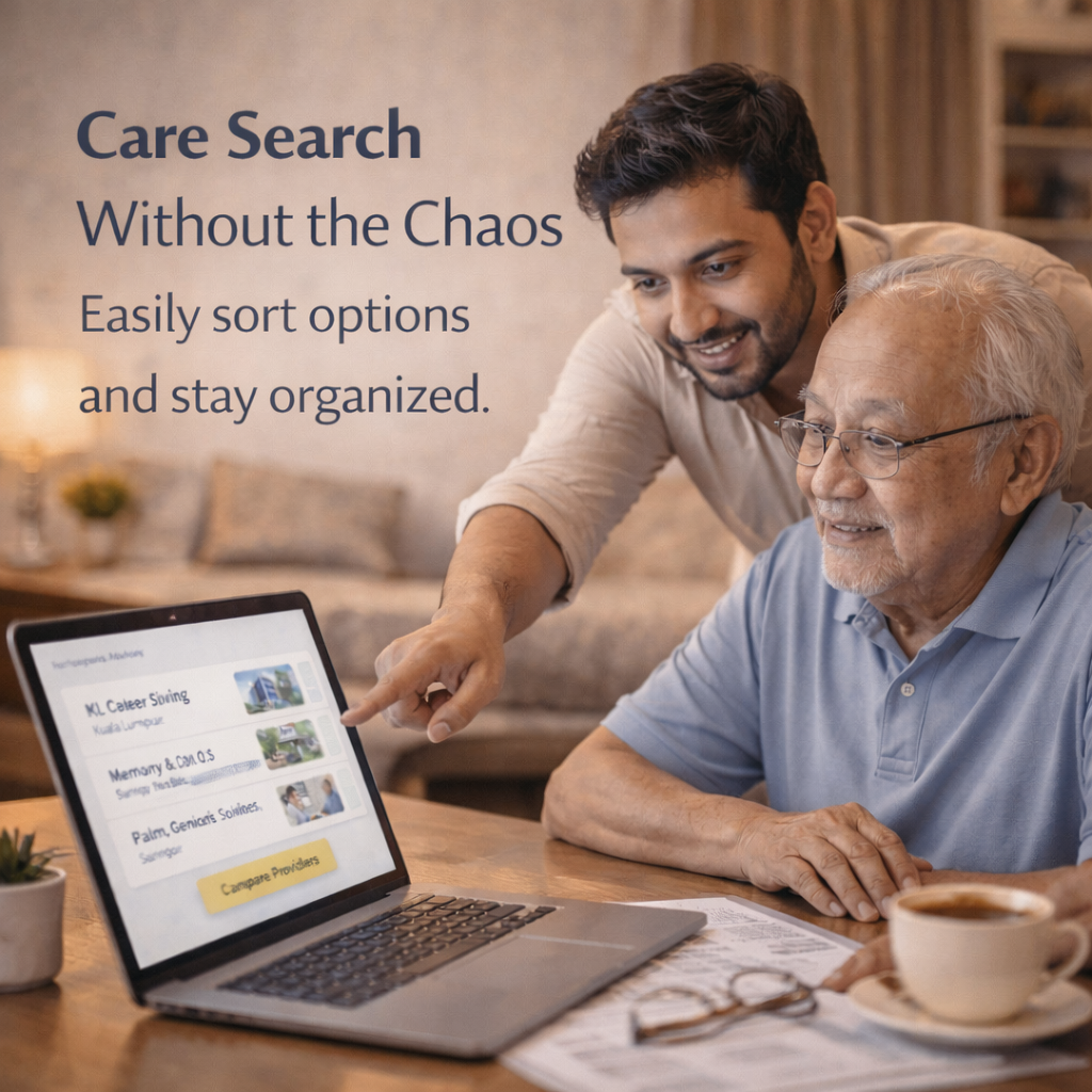 Care search without the chaos - family using laptop to easily sort and organize senior care options